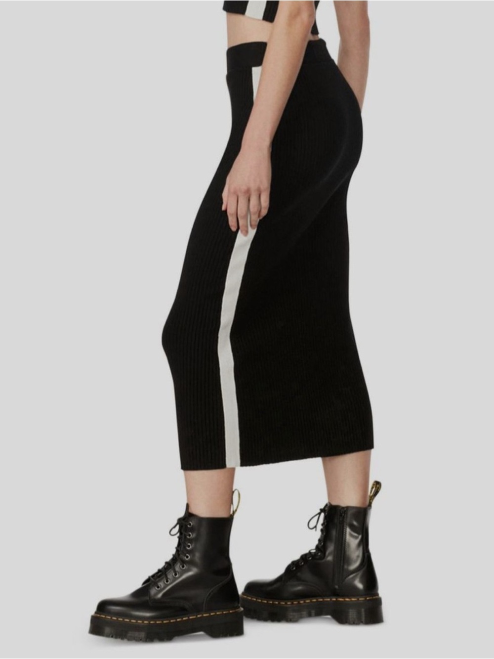 Herve Leger Black Ribbed  Pencil Midi Skirt with White Tuxedo Stripe